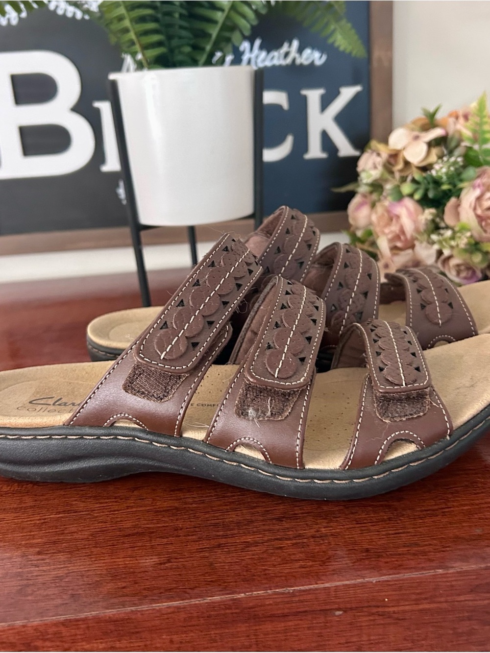Clarks Brown Triple-Strap Leather Slide Sandals - Picture 2 of 7